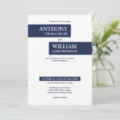 ネイビモダンーブルーおよびホワイトジオメトリックラ結婚イン 招待状 (スタンド正面)