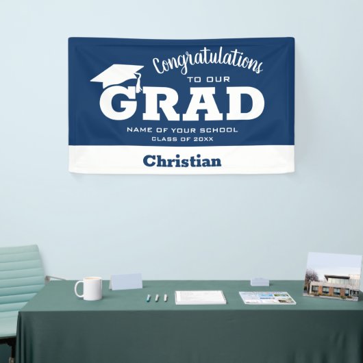 ネイビモダンーブルーでグラッドホワイトおめでとう 横断幕 (トレードショー)