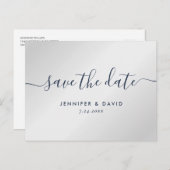 ネイビモダンーブルーとシルバーウェディング 案内ポストカード (正面/裏面)