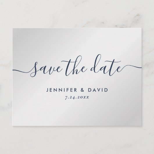 ネイビモダンーブルーとシルバーウェディング 案内ポストカード (正面)