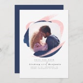 ネイビモダンーブルーとピンクが日付の写真を救う セーブザデート (正面/裏面)