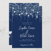 ネイビモダンーブルーとホワぶら下がったイトのラ結婚イト 招待状 (正面/裏面)