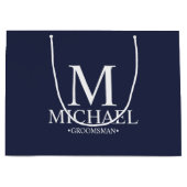 ネイビモダンーブルーとホワイトのグロパーソナライズされたームスマン ラージペーパーバッグ (正面)