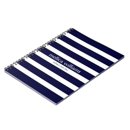 ネイビモダンーブルーとホワイトのストライプパターン ノートブック (左側)