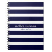 ネイビモダンーブルーとホワイトのストライプパターン ノートブック (正面)