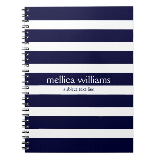 ネイビモダンーブルーとホワイトのストライプパターン ノートブック (正面)