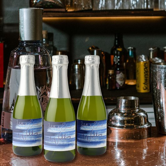 ネイビモダンーブルーとホワイトウォーターのブラシストローク スパークリングワインラベル