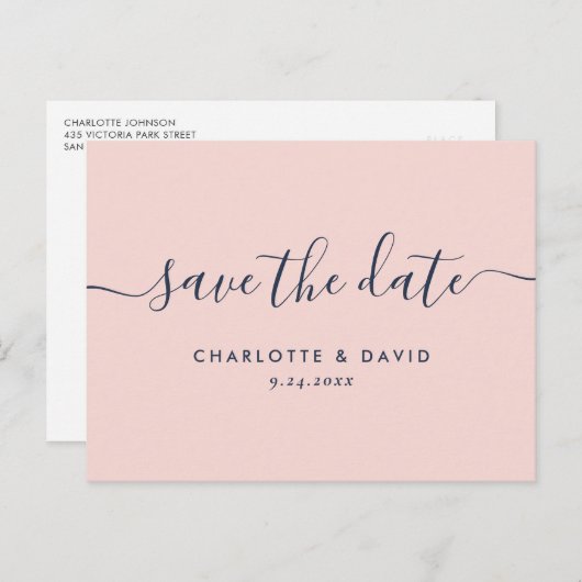 ネイビモダンーブルーと赤面結婚式の日付を保存 案内ポストカード (正面/裏面)