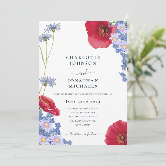 ネイビモダンーブルーエレガントワイルドフラワー結婚フローラ 招待状 (スタンド正面)