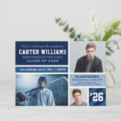 ネイビモダンーブルーストライプの卒業写真コラージュ 招待状 (スタンド正面)