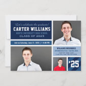 ネイビモダンーブルーストライプの卒業写真コラージュ 招待状 (正面)