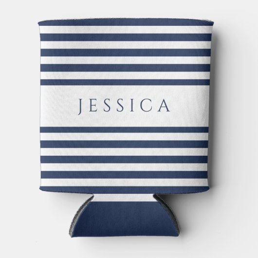 ネイビモダンーブルーストライプの名前をカスタムする 缶クーラー (正面)