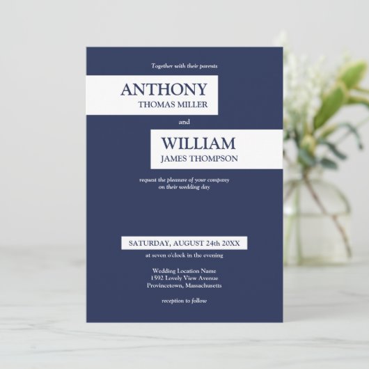 ネイビモダンーブルーストライプホワイト結婚ズ 招待状 (スタンド正面)