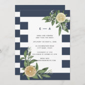 ネイビモダンーブルーストライプ水彩レモン 招待状 (正面/裏面)