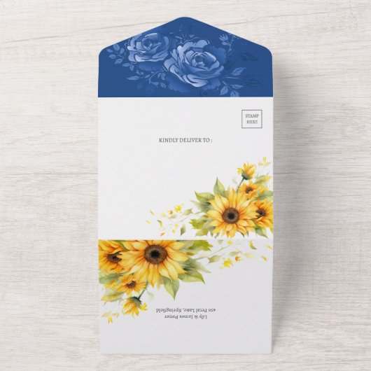 ネイビモダンーブルーバラとヒマワリ結婚ズ オールインワン招待状 (外側)