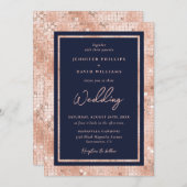 ネイビモダンーブルーバラゴールドフォイルグリッター結婚ズ 招待状 (正面/裏面)