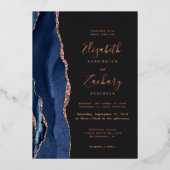 ネイビモダンーブルーバラ金ゴールドアガテ結婚ス 箔招待状 (正面)