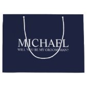 ネイビモダンーブルーパーソナライズされたグロムスマン提案 ラージペーパーバッグ (正面)