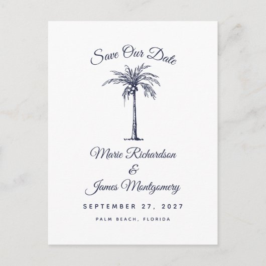 ネイビモダンーブルービーチ結婚式保存日 案内ポストカード (正面)