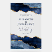 ネイビモダンーブルーフェイク金ゴールド結婚の歓迎 アクリルサイン (正面)