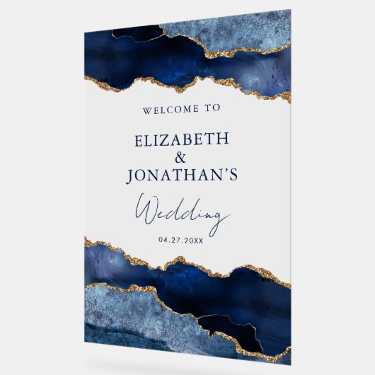 ネイビモダンーブルーフェイク金ゴールド結婚の歓迎 アクリルサイン (傾斜)