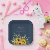 ネイビモダンーブルーフローラひま結婚わり ペーパープレート (パーティー)