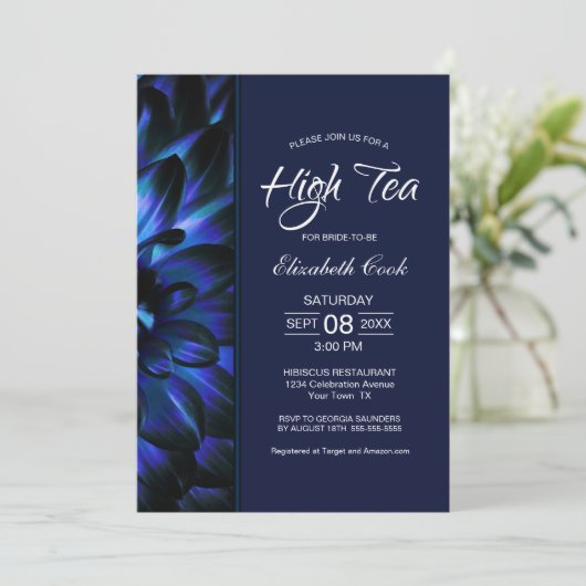 ネイビモダンーブルーフローラハイティーブライダルシャワー 招待状 (スタンド正面)