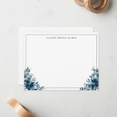 ネイビモダンーブルーフローラ水彩薄縁ど色 ノートカード (正面/裏面インサイチュ)