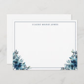 ネイビモダンーブルーフローラ水彩薄縁ど色 ノートカード (正面/裏面)