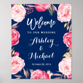 ネイビモダンーブルーフローラ結婚リース標識 ポスター