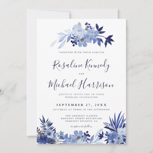 ネイビモダンーブルーフローラ金ゴールドフレ結婚ーム 招待状 (正面)