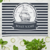 ネイビモダンーブルーボート名パーソナライズされた キッチンタオル (折り畳み)