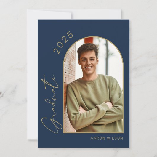 ネイビモダンーブルー写真卒業パーティー 招待状 (正面)