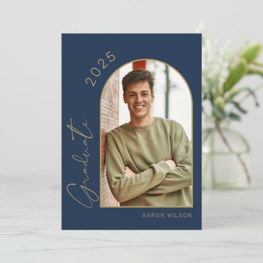 ネイビモダンーブルー写真卒業パーティー 招待状 (スタンド正面)