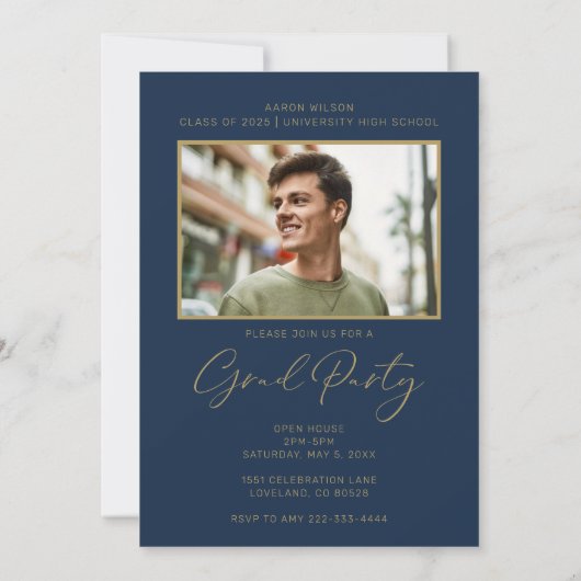 ネイビモダンーブルー写真卒業パーティー 招待状 (裏面)