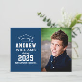 ネイビモダンーブルー写真卒業パーティー 招待状 (スタンド正面)