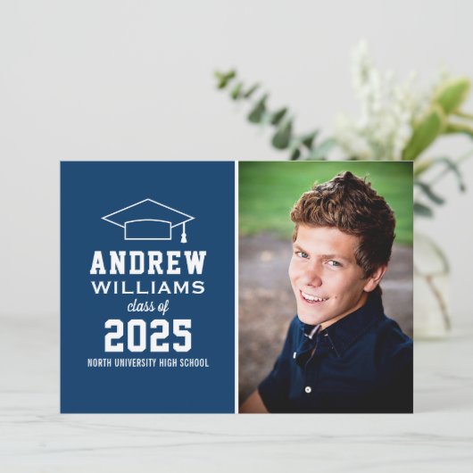 ネイビモダンーブルー写真卒業パーティー 招待状 (スタンド正面)