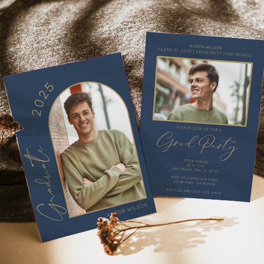 ネイビモダンーブルー写真卒業パーティー 招待状