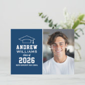 ネイビモダンーブルー写真卒業パーティー 招待状 (スタンド正面)