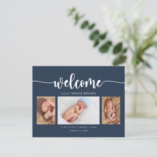 ネイビモダンーブルー写真誕生のお知らせカード サンキューカード (スタンド正面)