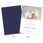 ネイビモダンーブルー宗教十字少年の写真バプテスマ 招待状