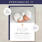 ネイビモダンーブルー宗教十字少年の写真バプテスマ 招待状