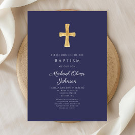 ネイビモダンーブルー宗教十字少年バプテスマ 招待状