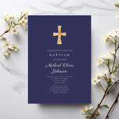 ネイビモダンーブルー宗教十字少年バプテスマ 招待状