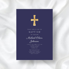ネイビモダンーブルー宗教十字少年バプテスマ 招待状
