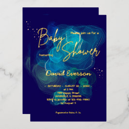 ネイビモダンーブルー実在金ゴールド 箔招待状