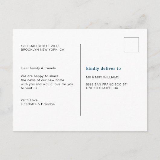 ネイビモダンーブルー引っ越しました移動 案内ポストカード (裏面)