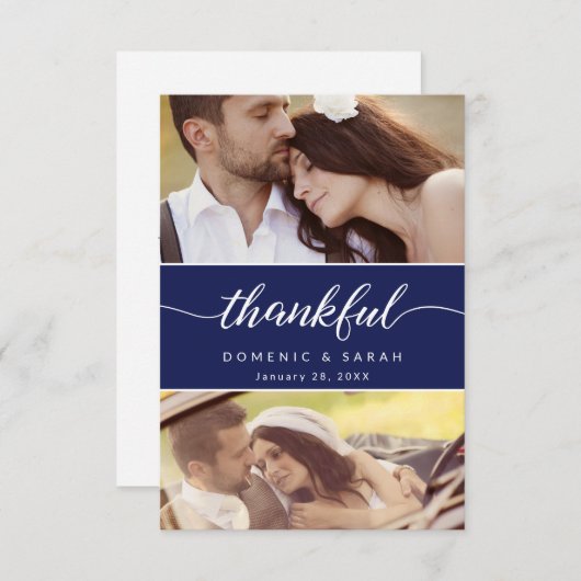 ネイビモダンーブルー感謝台本の結婚写真 サンキューカード (正面/裏面)