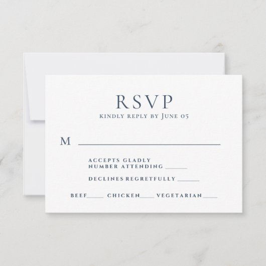 ネイビモダンーブルー文字の食事の選択結婚ズ 出欠カード (正面)