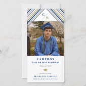 ネイビモダンーブルー斜ストライプ斜め写真卒業 案内状 (正面)